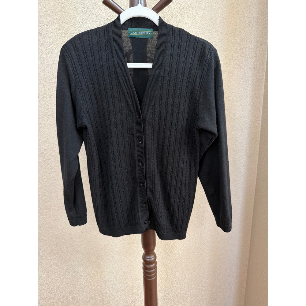 Canterbury Black Pure New Wool V-Neck Button Front Cable Knit Cardigan Size 38